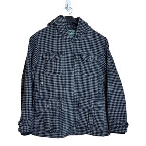 Woolrich Ryalee Houndstooth Hooded Wool Button Up Coat Jacket Women’s XL